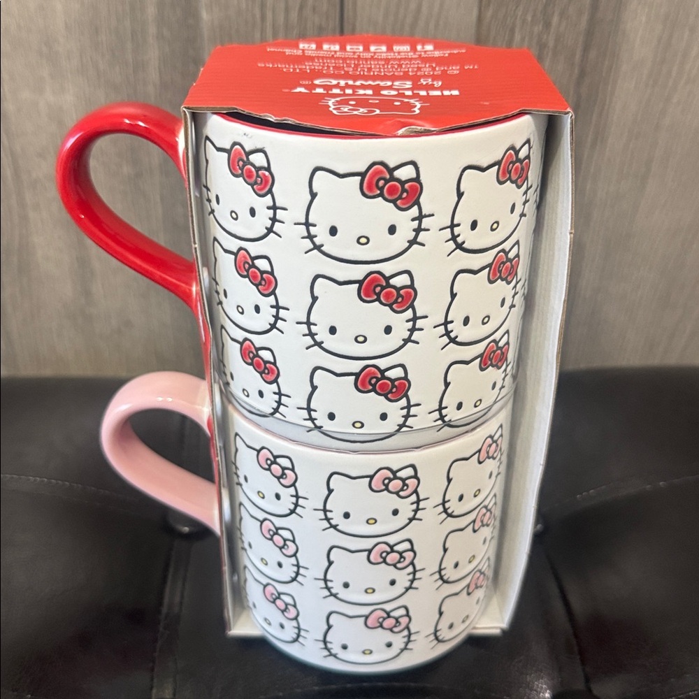 New Blue Sky Clayworks Hello Kitty Faces Pink & Red Bows 2 Piece Coffee Mug Set